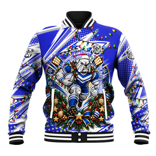 Personalized Canterbury Bankstown Bulldogs Rugby Christmas Baseball Jacket Holiday Mascot Graphic Art Festive Lights Bow