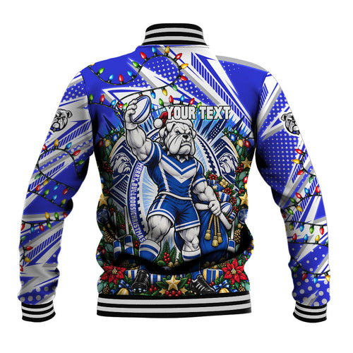 Personalized Canterbury Bankstown Bulldogs Rugby Christmas Baseball Jacket Holiday Mascot Graphic Art Festive Lights Bow