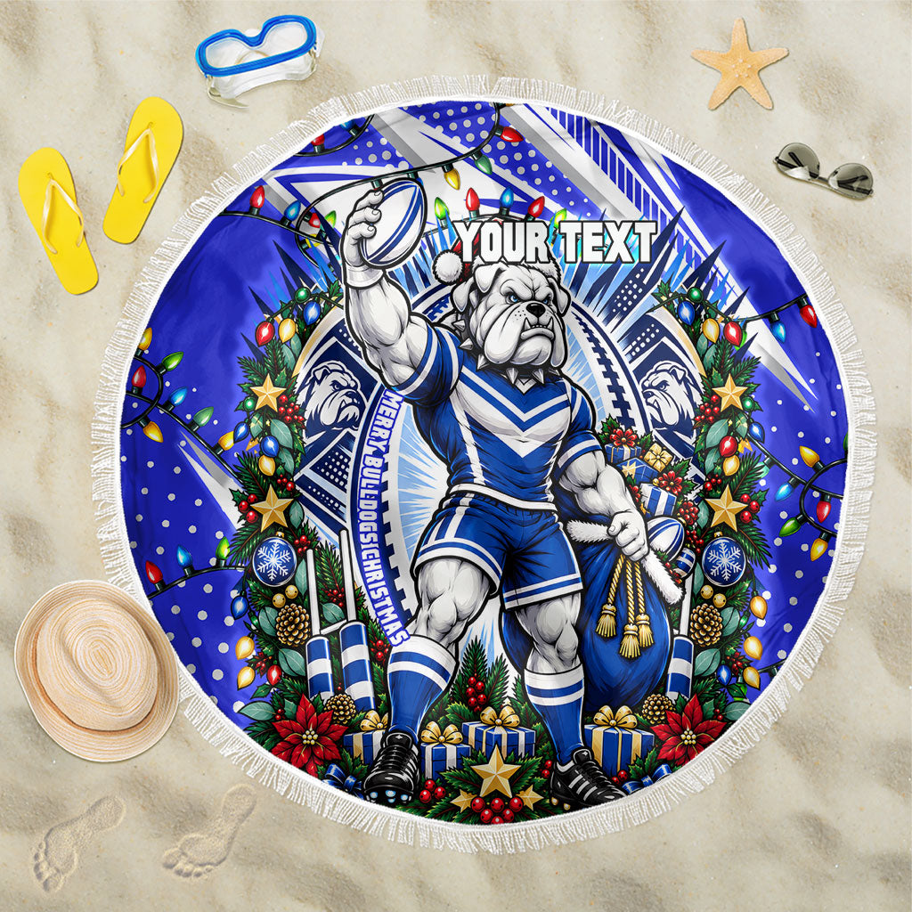 Personalized Canterbury Bankstown Bulldogs Rugby Christmas Beach Blanket Holiday Mascot Graphic Art Festive Lights Bow