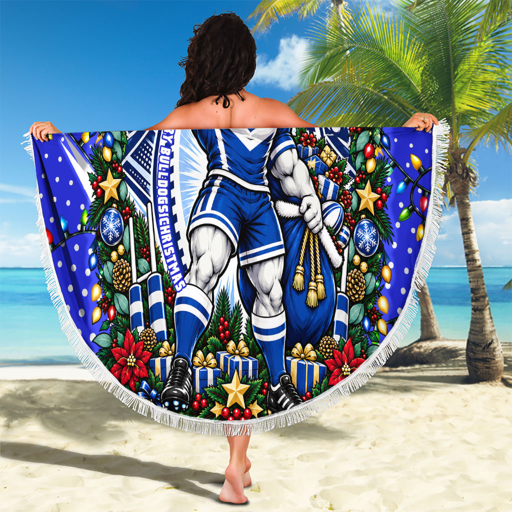 Personalized Canterbury Bankstown Bulldogs Rugby Christmas Beach Blanket Holiday Mascot Graphic Art Festive Lights Bow