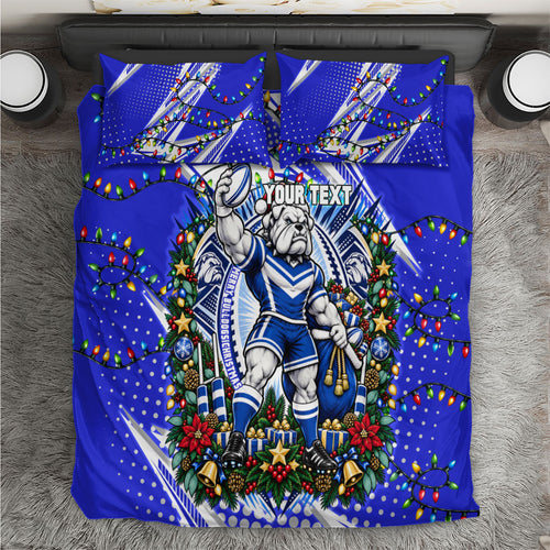 Personalized Canterbury Bankstown Bulldogs Rugby Christmas Bedding Set Holiday Mascot Graphic Art Festive Lights Bow