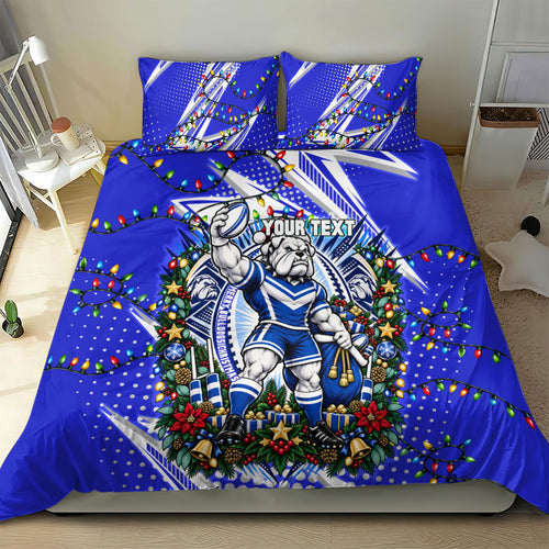 Personalized Canterbury Bankstown Bulldogs Rugby Christmas Bedding Set Holiday Mascot Graphic Art Festive Lights Bow