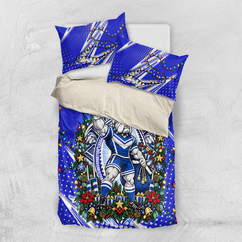 Personalized Canterbury Bankstown Bulldogs Rugby Christmas Bedding Set Holiday Mascot Graphic Art Festive Lights Bow