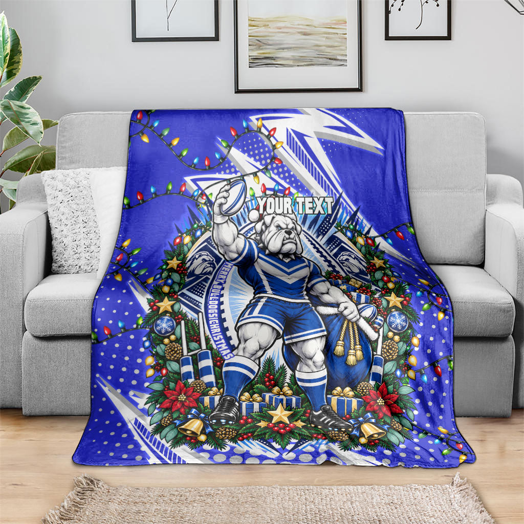 Personalized Canterbury Bankstown Bulldogs Rugby Christmas Blanket Holiday Mascot Graphic Art Festive Lights Bow