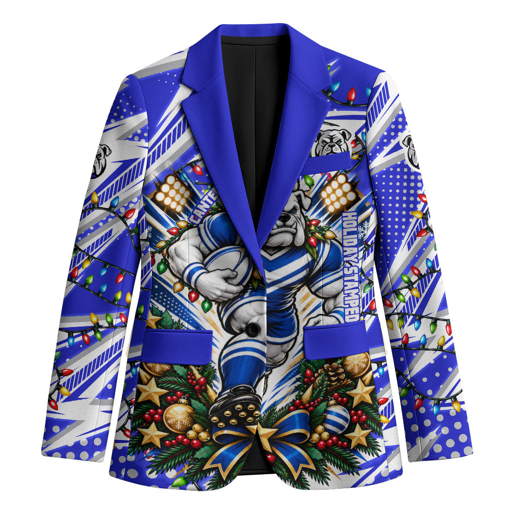 Personalized Canterbury Bankstown Bulldogs Rugby Christmas Blazer Holiday Mascot Graphic Art Festive Lights Bow