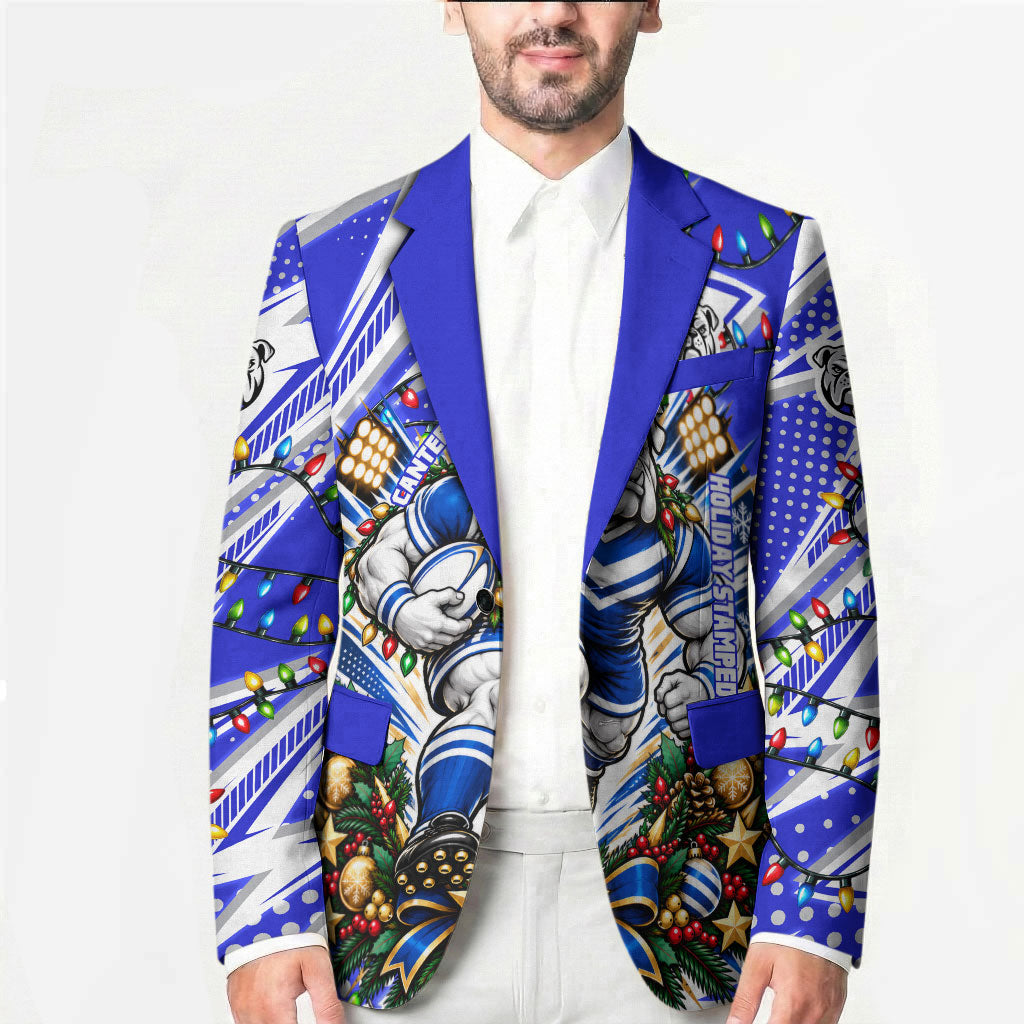 Personalized Canterbury Bankstown Bulldogs Rugby Christmas Blazer Holiday Mascot Graphic Art Festive Lights Bow