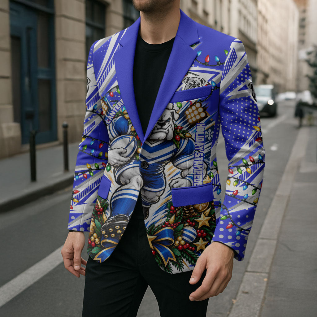 Personalized Canterbury Bankstown Bulldogs Rugby Christmas Blazer Holiday Mascot Graphic Art Festive Lights Bow