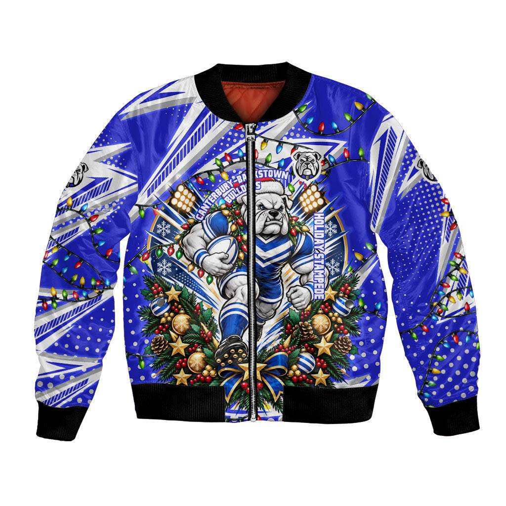 Personalized Canterbury Bankstown Bulldogs Rugby Christmas Bomber Jacket Holiday Mascot Graphic Art Festive Lights Bow