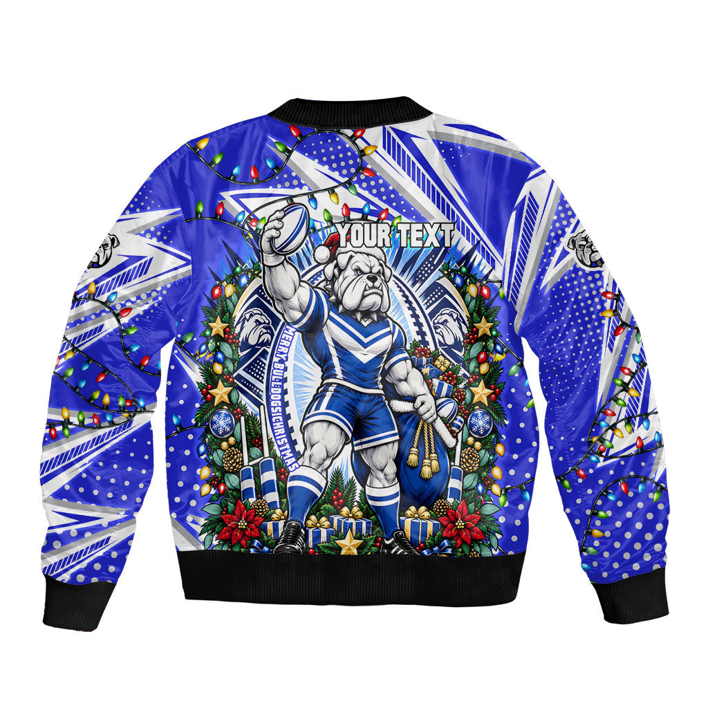 Personalized Canterbury Bankstown Bulldogs Rugby Christmas Bomber Jacket Holiday Mascot Graphic Art Festive Lights Bow