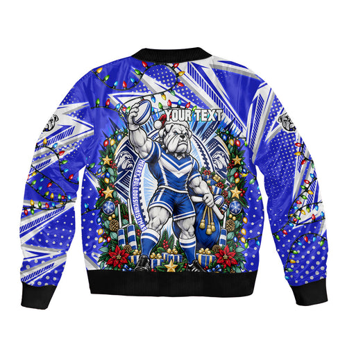 Personalized Canterbury Bankstown Bulldogs Rugby Christmas Bomber Jacket Holiday Mascot Graphic Art Festive Lights Bow