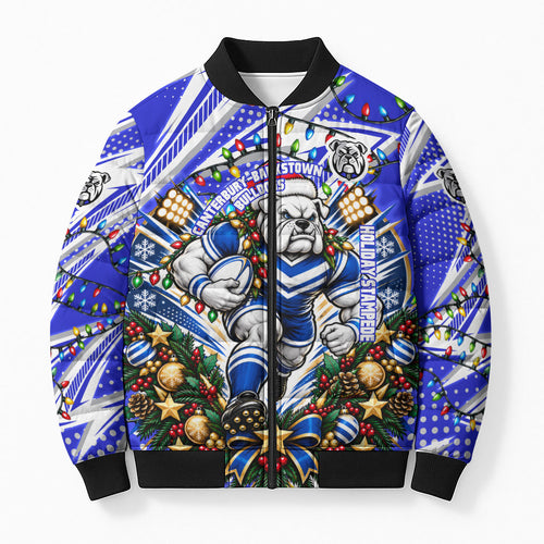 Personalized Canterbury Bankstown Bulldogs Rugby Christmas Bomber Puffer Jacket Holiday Mascot Graphic Art Festive Lights Bow