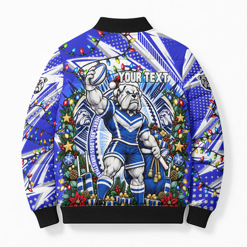 Personalized Canterbury Bankstown Bulldogs Rugby Christmas Bomber Puffer Jacket Holiday Mascot Graphic Art Festive Lights Bow