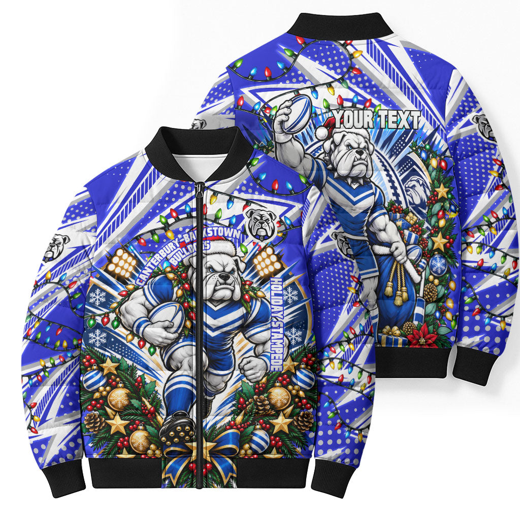 Personalized Canterbury Bankstown Bulldogs Rugby Christmas Bomber Puffer Jacket Holiday Mascot Graphic Art Festive Lights Bow