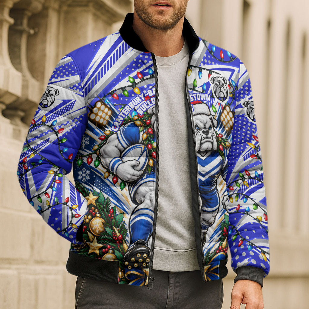 Personalized Canterbury Bankstown Bulldogs Rugby Christmas Bomber Puffer Jacket Holiday Mascot Graphic Art Festive Lights Bow