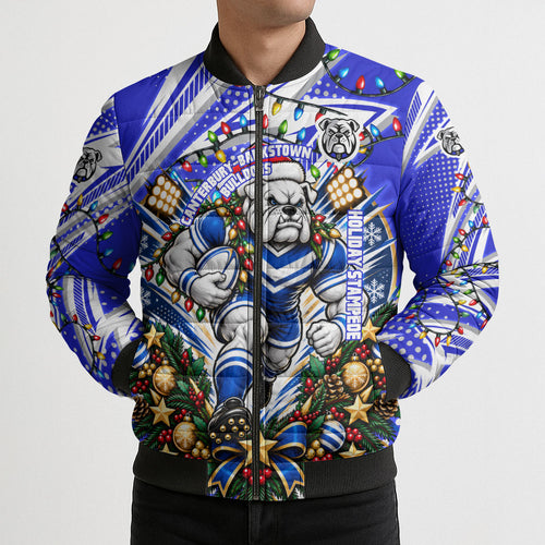 Personalized Canterbury Bankstown Bulldogs Rugby Christmas Bomber Puffer Jacket Holiday Mascot Graphic Art Festive Lights Bow