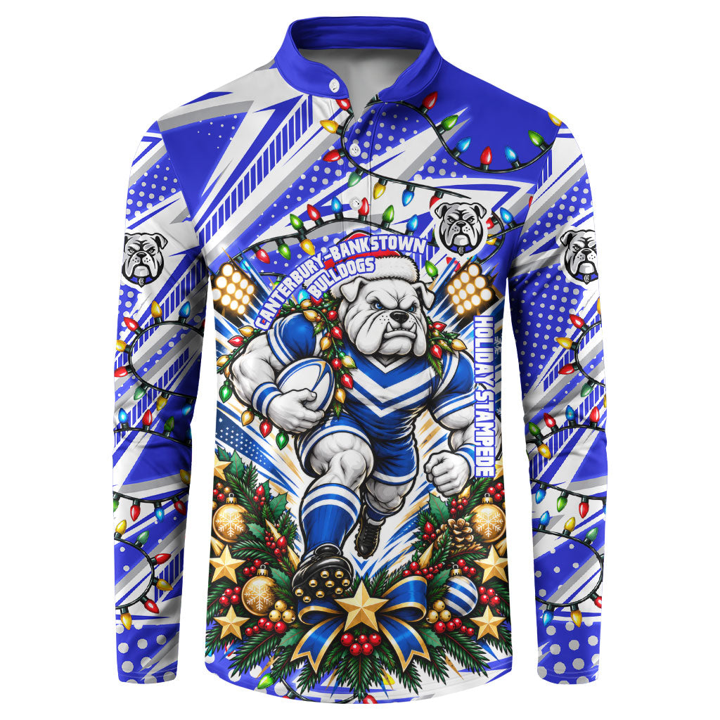 Personalized Canterbury Bankstown Bulldogs Rugby Christmas Button Sweatshirt Holiday Mascot Graphic Art Festive Lights Bow