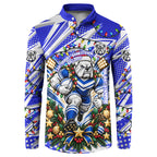 Personalized Canterbury Bankstown Bulldogs Rugby Christmas Button Sweatshirt Holiday Mascot Graphic Art Festive Lights Bow