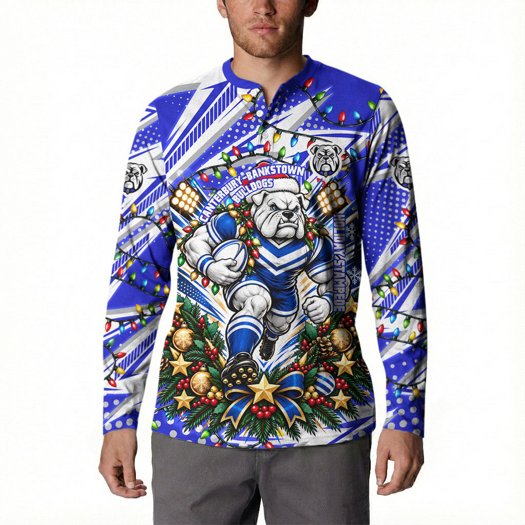 Personalized Canterbury Bankstown Bulldogs Rugby Christmas Button Sweatshirt Holiday Mascot Graphic Art Festive Lights Bow