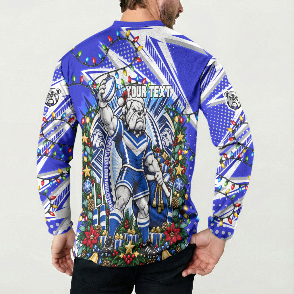 Personalized Canterbury Bankstown Bulldogs Rugby Christmas Button Sweatshirt Holiday Mascot Graphic Art Festive Lights Bow