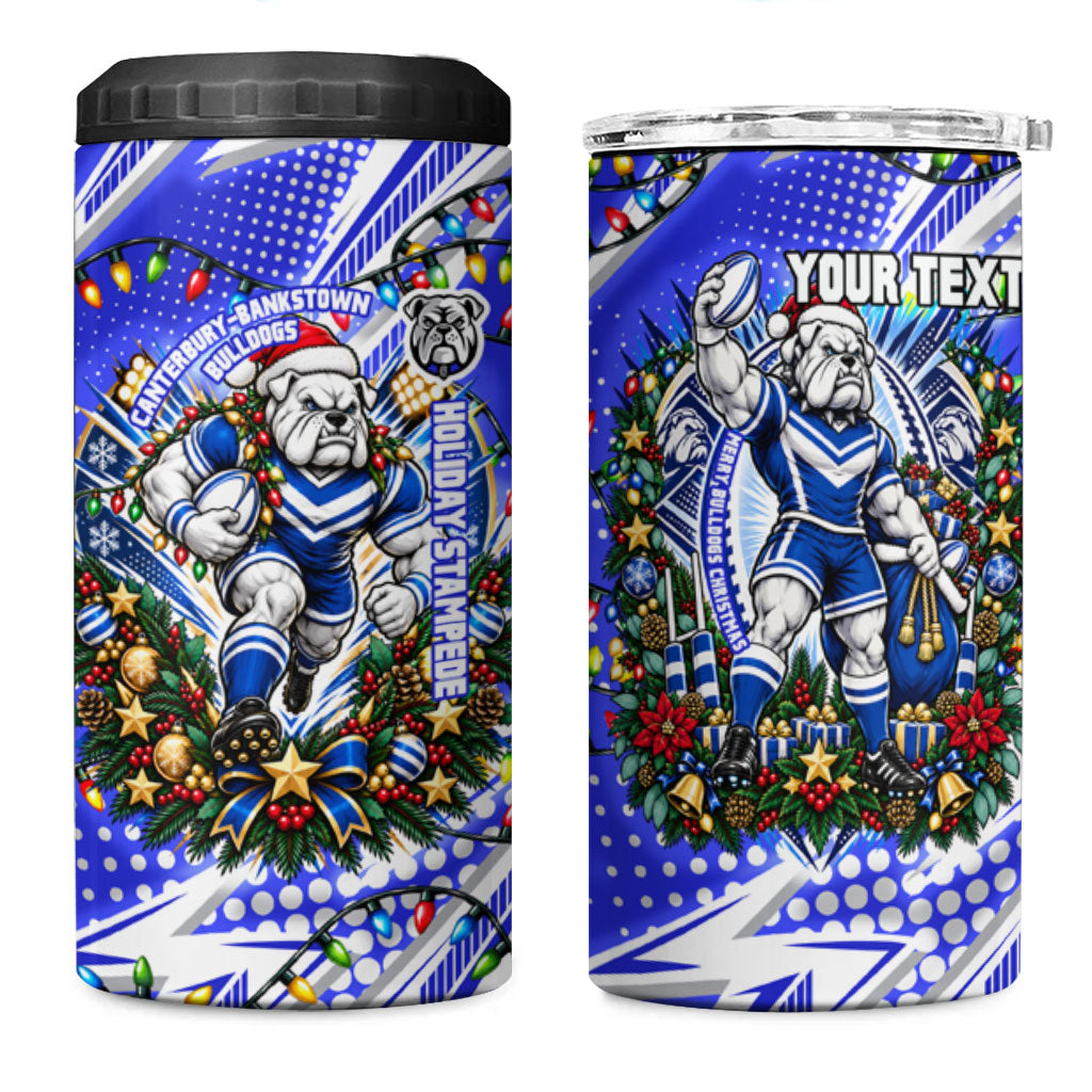 Personalized Canterbury Bankstown Bulldogs Rugby Christmas 4 in 1 Can Cooler Tumbler Holiday Mascot Graphic Art Festive Lights Bow