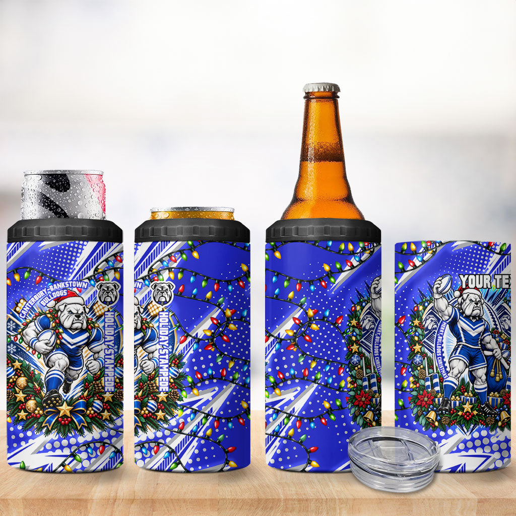Personalized Canterbury Bankstown Bulldogs Rugby Christmas 4 in 1 Can Cooler Tumbler Holiday Mascot Graphic Art Festive Lights Bow
