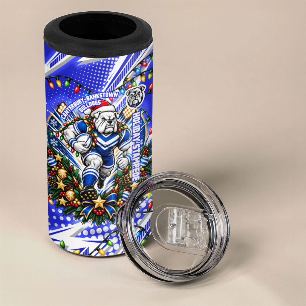 Personalized Canterbury Bankstown Bulldogs Rugby Christmas 4 in 1 Can Cooler Tumbler Holiday Mascot Graphic Art Festive Lights Bow
