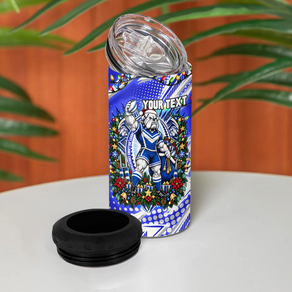 Personalized Canterbury Bankstown Bulldogs Rugby Christmas 4 in 1 Can Cooler Tumbler Holiday Mascot Graphic Art Festive Lights Bow