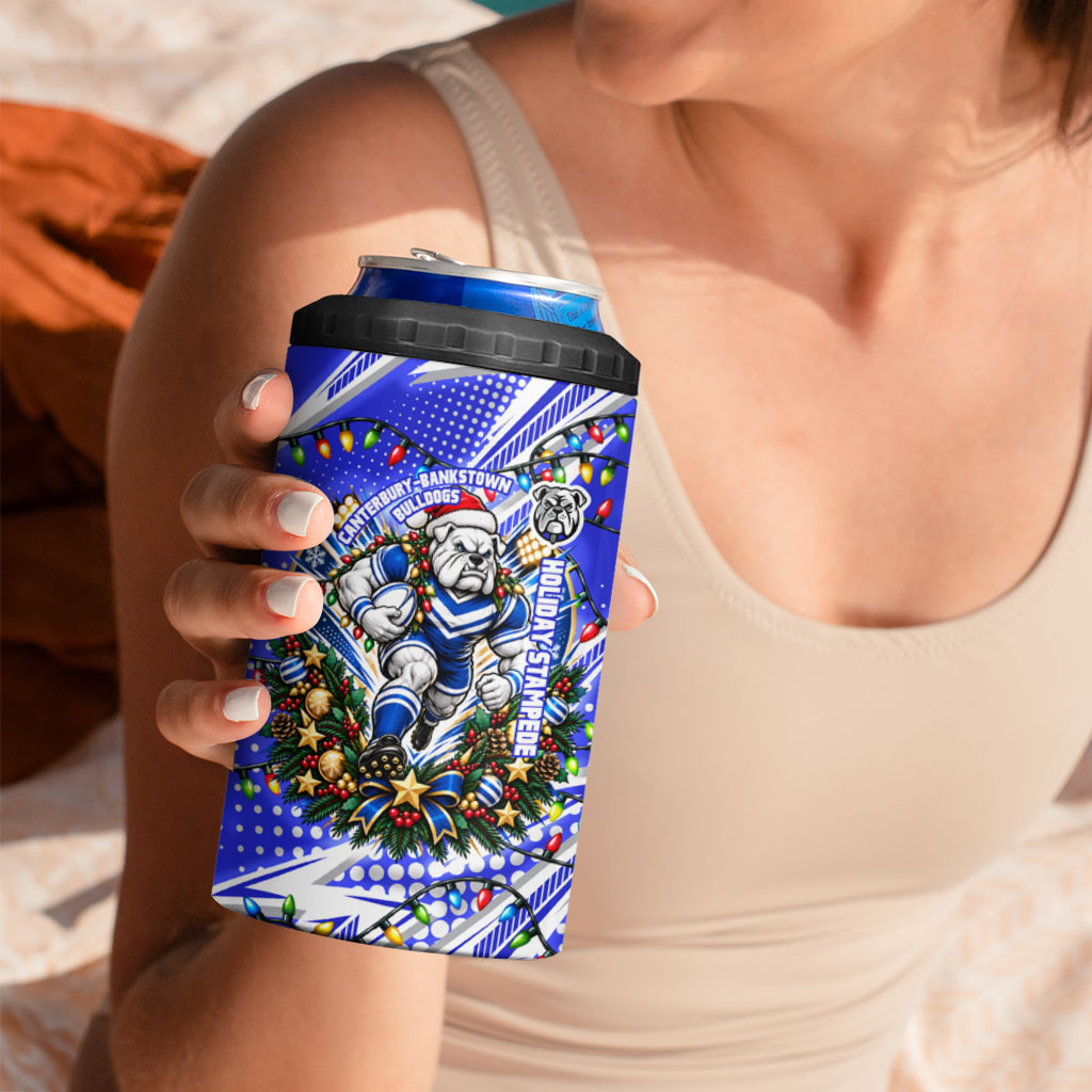 Personalized Canterbury Bankstown Bulldogs Rugby Christmas 4 in 1 Can Cooler Tumbler Holiday Mascot Graphic Art Festive Lights Bow