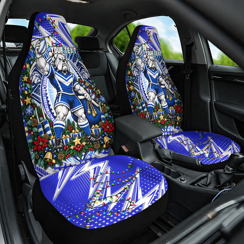 Personalized Canterbury Bankstown Bulldogs Rugby Christmas Car Seat Cover Holiday Mascot Graphic Art Festive Lights Bow