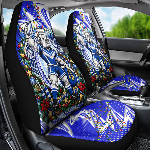 Personalized Canterbury Bankstown Bulldogs Rugby Christmas Car Seat Cover Holiday Mascot Graphic Art Festive Lights Bow
