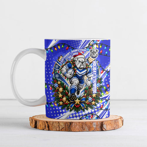 Personalized Canterbury Bankstown Bulldogs Rugby Christmas Ceramic Mug Holiday Mascot Graphic Art Festive Lights Bow