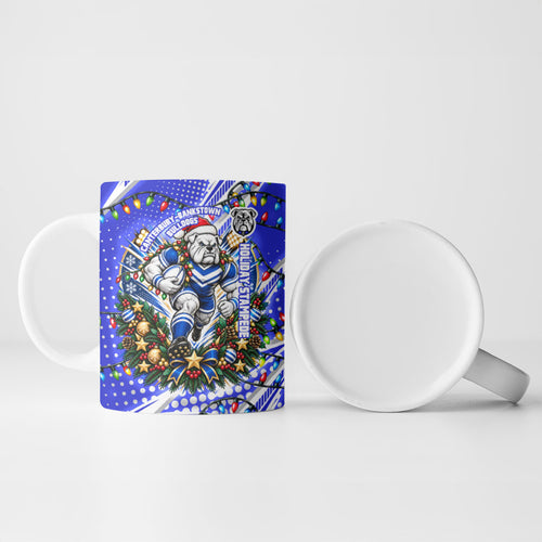 Personalized Canterbury Bankstown Bulldogs Rugby Christmas Ceramic Mug Holiday Mascot Graphic Art Festive Lights Bow