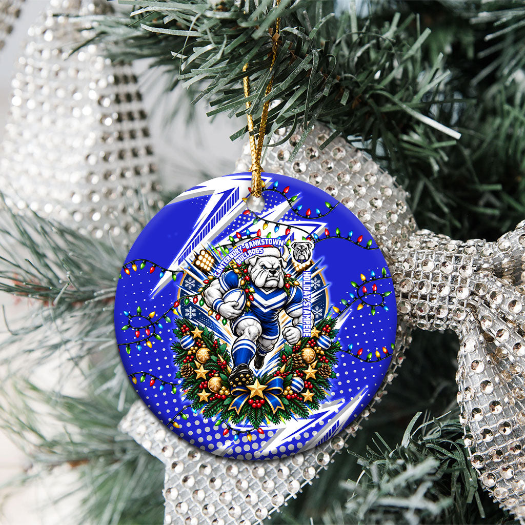 Canterbury Bankstown Bulldogs Rugby Christmas Ceramic Ornament Holiday Mascot Graphic Art Festive Lights Bow