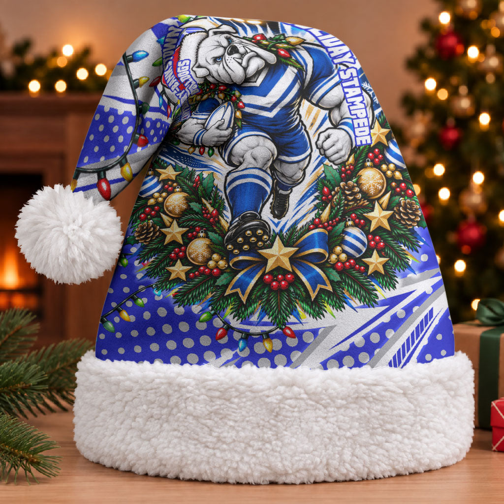 Canterbury Bankstown Bulldogs Rugby Christmas Santa Hat Holiday Mascot Graphic Art Festive Lights Bow