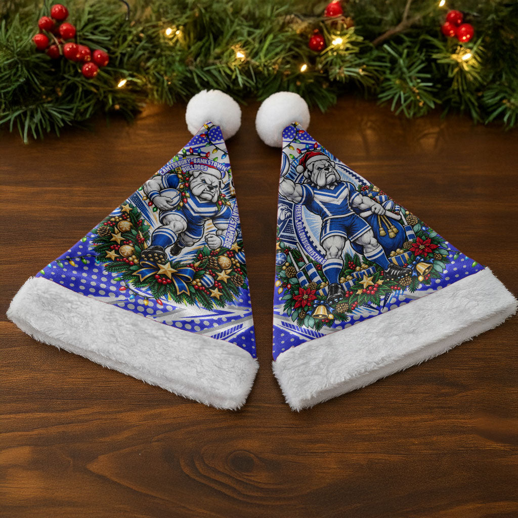 Canterbury Bankstown Bulldogs Rugby Christmas Santa Hat Holiday Mascot Graphic Art Festive Lights Bow