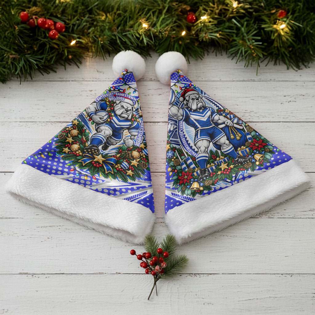 Canterbury Bankstown Bulldogs Rugby Christmas Santa Hat Holiday Mascot Graphic Art Festive Lights Bow
