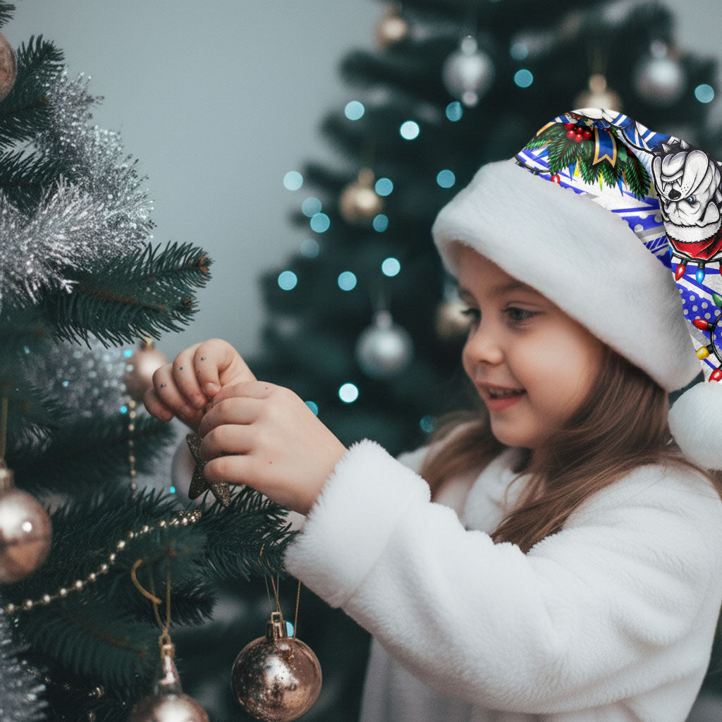 Canterbury Bankstown Bulldogs Rugby Christmas Santa Hat Holiday Mascot Graphic Art Festive Lights Bow