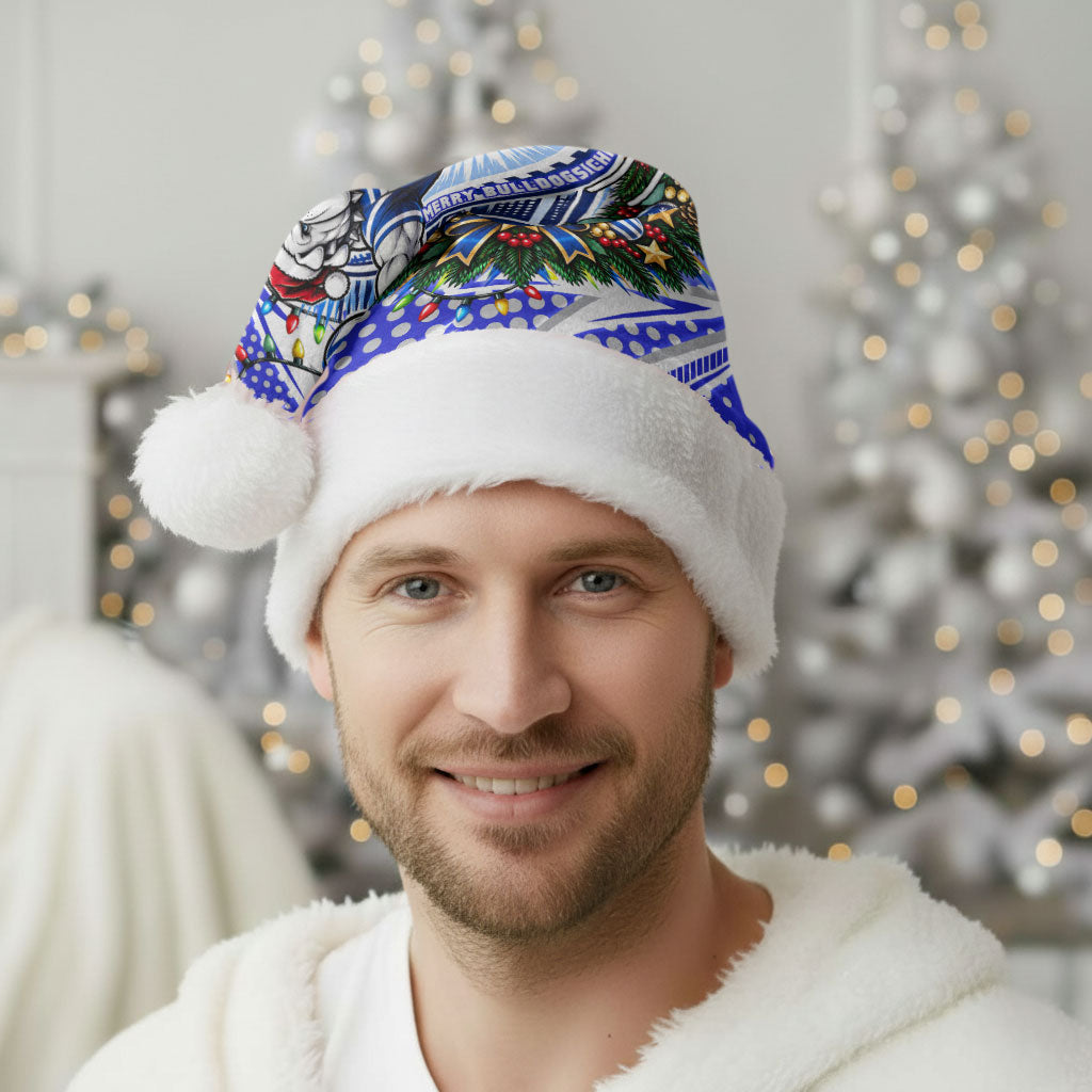 Canterbury Bankstown Bulldogs Rugby Christmas Santa Hat Holiday Mascot Graphic Art Festive Lights Bow