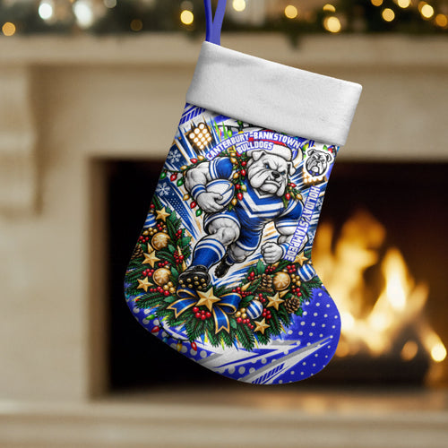 Canterbury Bankstown Bulldogs Rugby Christmas Stocking Holiday Mascot Graphic Art Festive Lights Bow