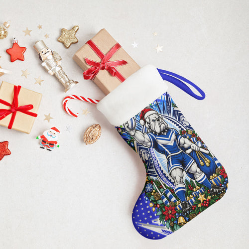 Canterbury Bankstown Bulldogs Rugby Christmas Stocking Holiday Mascot Graphic Art Festive Lights Bow