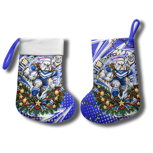 Canterbury Bankstown Bulldogs Rugby Christmas Stocking Holiday Mascot Graphic Art Festive Lights Bow