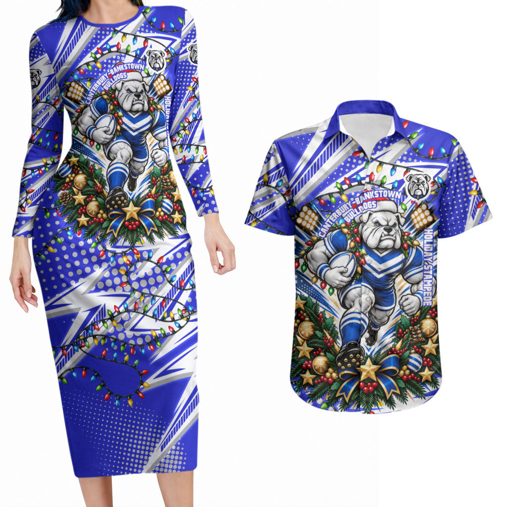 Personalized Canterbury Bankstown Bulldogs Rugby Christmas Couples Matching Long Sleeve Bodycon Dress and Hawaiian Shirt Holiday Mascot Graphic Art Festive Lights Bow