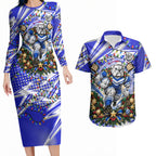 Personalized Canterbury Bankstown Bulldogs Rugby Christmas Couples Matching Long Sleeve Bodycon Dress and Hawaiian Shirt Holiday Mascot Graphic Art Festive Lights Bow