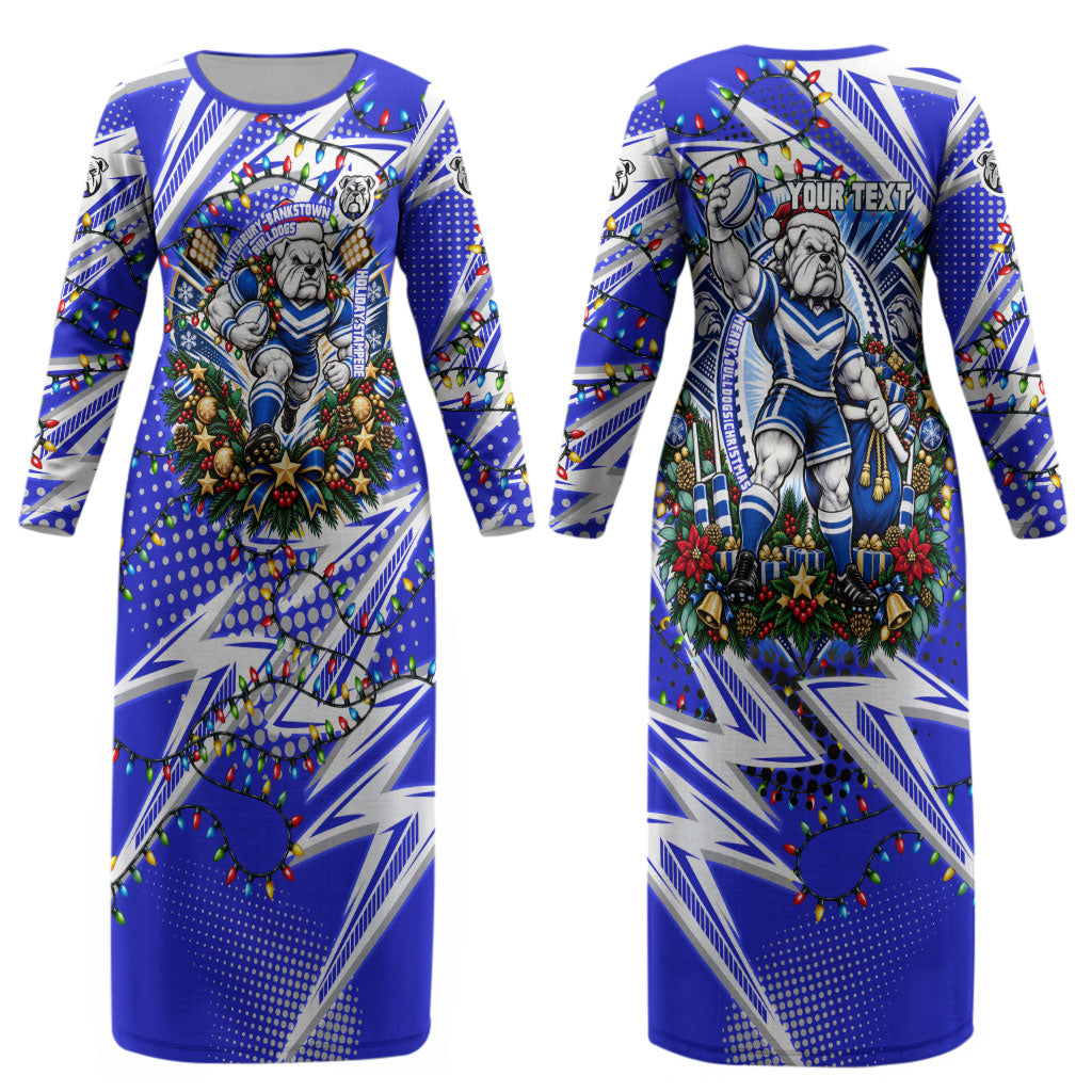 Personalized Canterbury Bankstown Bulldogs Rugby Christmas Couples Matching Long Sleeve Bodycon Dress and Hawaiian Shirt Holiday Mascot Graphic Art Festive Lights Bow