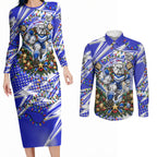 Personalized Canterbury Bankstown Bulldogs Rugby Christmas Couples Matching Long Sleeve Bodycon Dress and Long Sleeve Button Shirt Holiday Mascot Graphic Art Festive Lights Bow