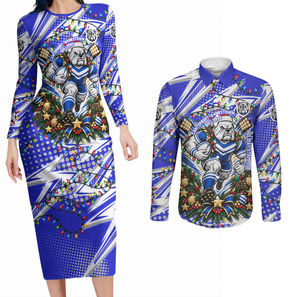 Personalized Canterbury Bankstown Bulldogs Rugby Christmas Couples Matching Long Sleeve Bodycon Dress and Long Sleeve Button Shirt Holiday Mascot Graphic Art Festive Lights Bow