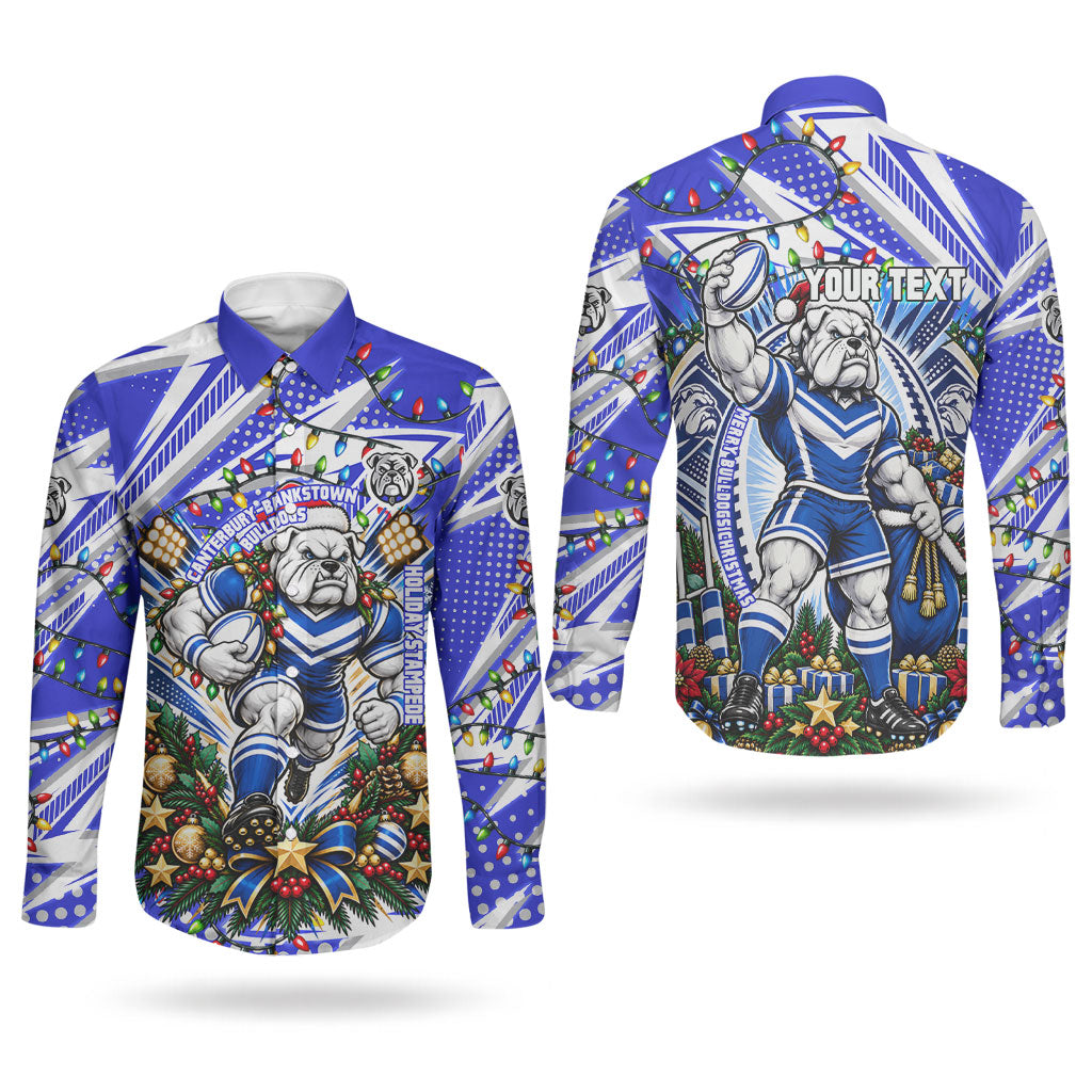 Personalized Canterbury Bankstown Bulldogs Rugby Christmas Couples Matching Long Sleeve Bodycon Dress and Long Sleeve Button Shirt Holiday Mascot Graphic Art Festive Lights Bow