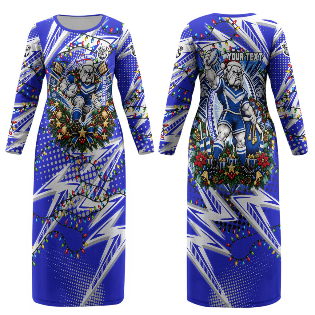 Personalized Canterbury Bankstown Bulldogs Rugby Christmas Couples Matching Long Sleeve Bodycon Dress and Long Sleeve Button Shirt Holiday Mascot Graphic Art Festive Lights Bow