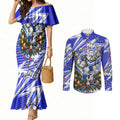 Personalized Canterbury Bankstown Bulldogs Rugby Christmas Couples Matching Mermaid Dress and Long Sleeve Button Shirt Holiday Mascot Graphic Art Festive Lights Bow