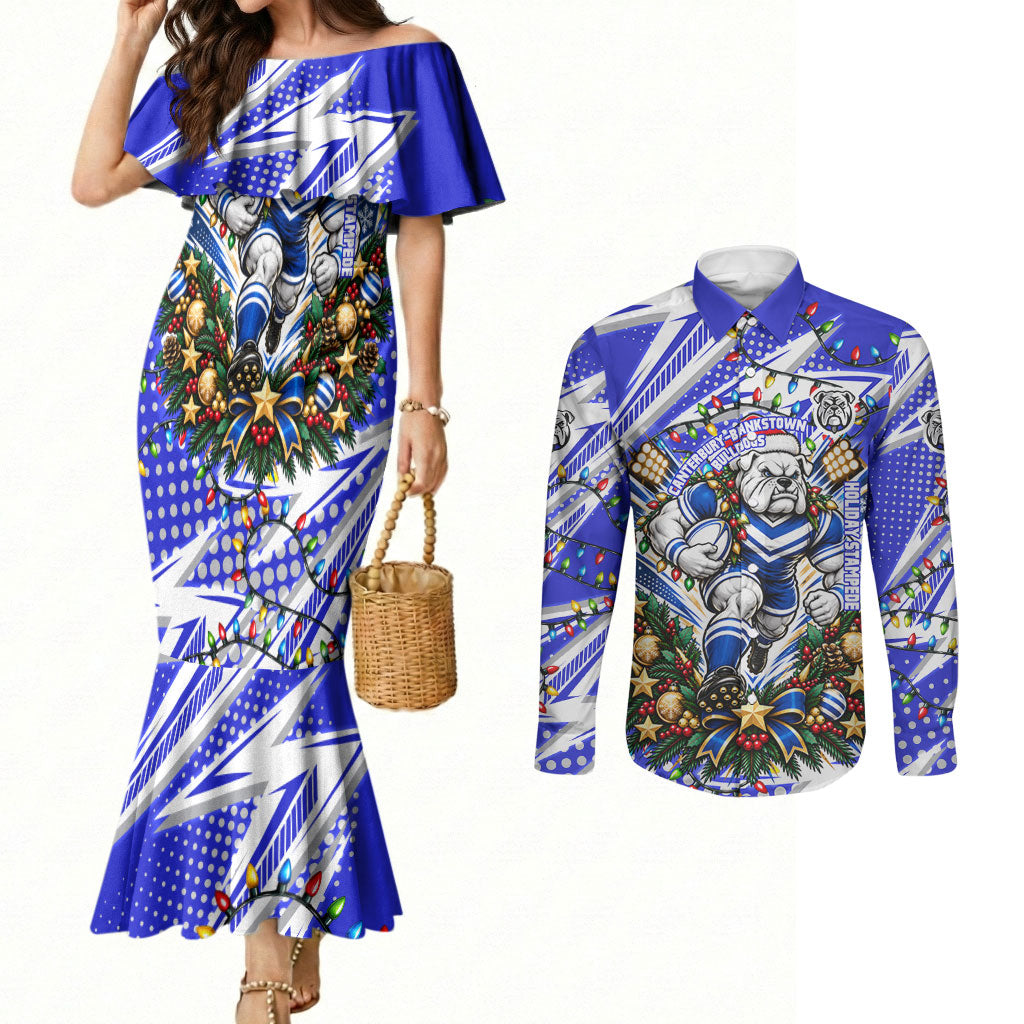 Personalized Canterbury Bankstown Bulldogs Rugby Christmas Couples Matching Mermaid Dress and Long Sleeve Button Shirt Holiday Mascot Graphic Art Festive Lights Bow